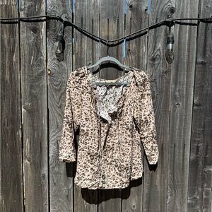 Rebecca Taylor Tan and Brown V Neck Cheetah Print Rayon Ruffle Blouse size 8